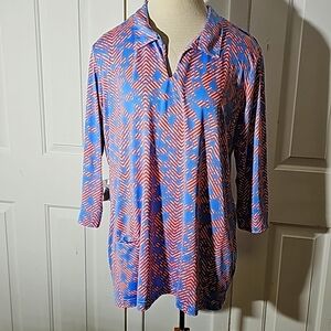 Sport Haley collared polo golf shirt. Size XXL. Pink and blue print. 3/4 sleeves